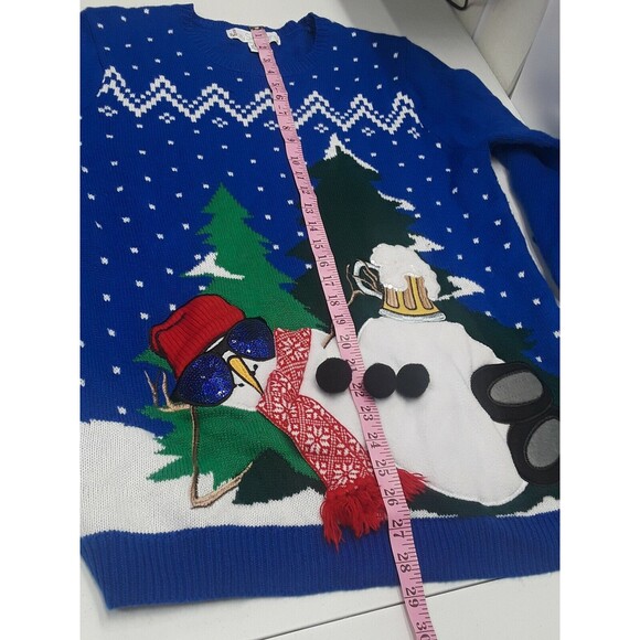 Jolly Sweaters Drunk Snowman with Beer Mens Christmas Holiday Blue White Sz L - Picture 8 of 12